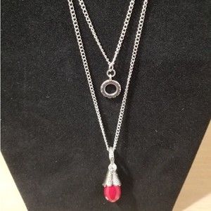 NWT Paparazzi Double Strand Silver with Hot Pink Drop Necklace and Earrings Set